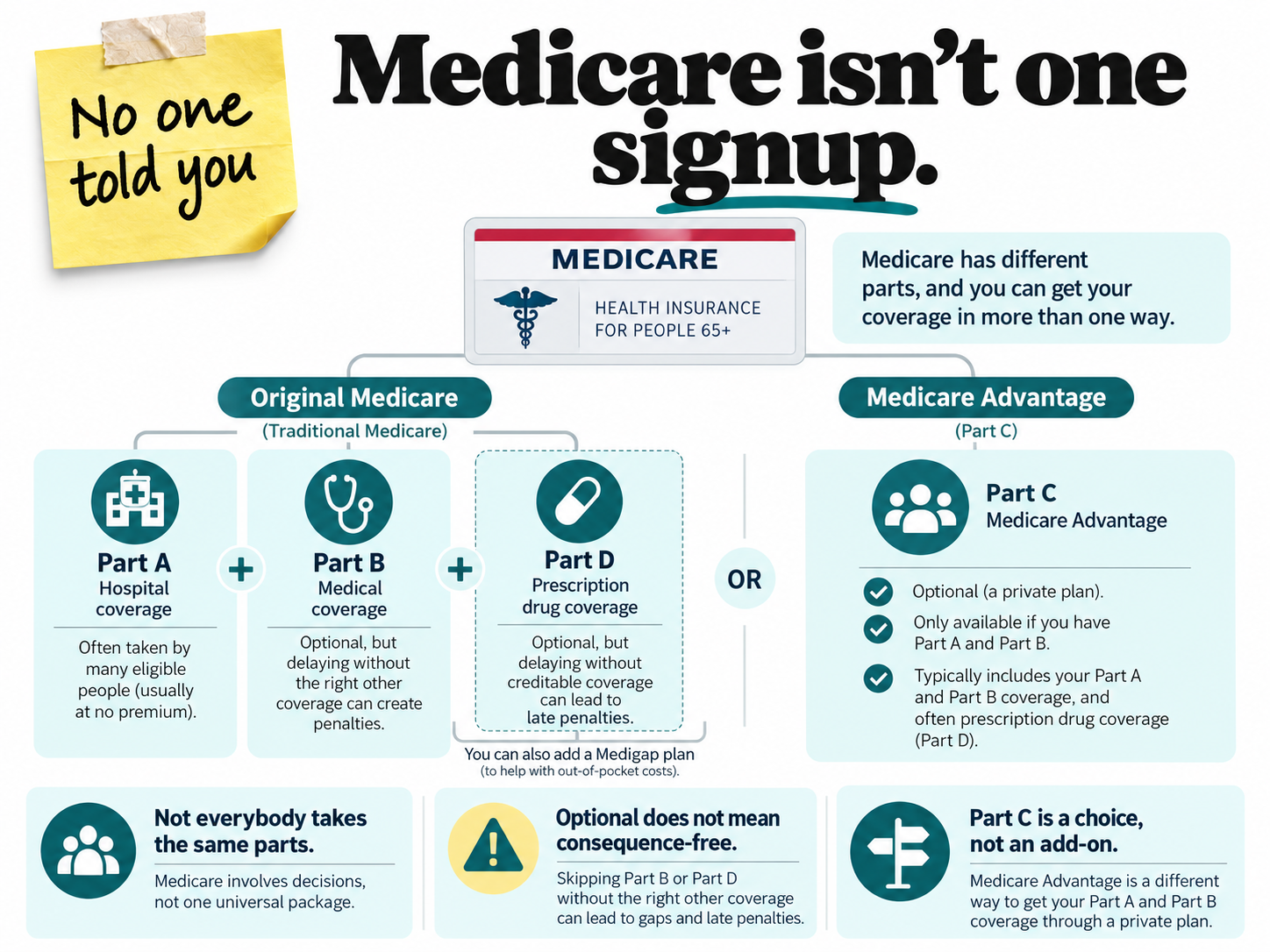 Infographic: Medicare is not one signup. Parts B, C and D are optional, but skipping B or D without the right other coverage can mean gaps and late penalties.
