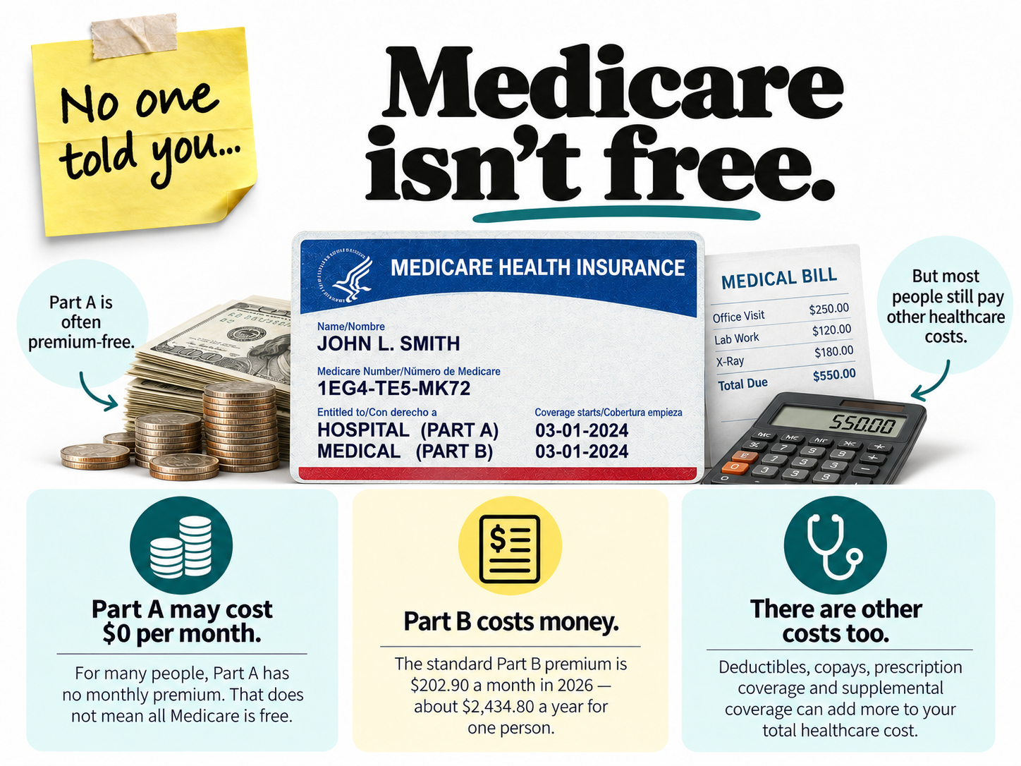 Infographic: Medicare isn't free. Part A is often $0 a month, the standard Part B premium is $202.90 a month in 2026, and deductibles, copays, prescriptions and supplemental coverage can add more.
