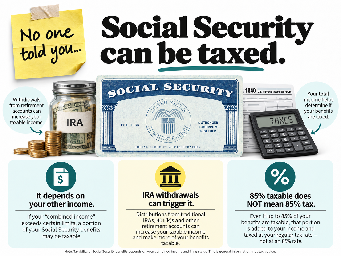 Infographic: Social Security can be taxed. Other income can make part of your benefit taxable. Up to 85% taxable does not mean an 85% tax rate.